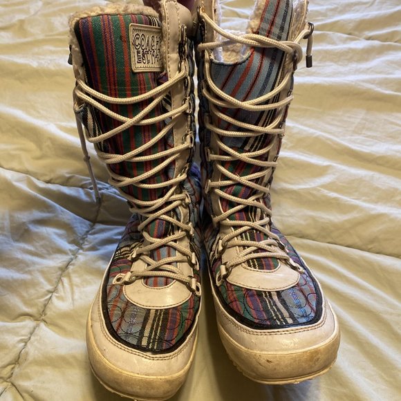 COACH POPPY Peggey Tartan Plaid Quilted Women's Shearling Winter Boots 8.5 B Q73 - Picture 3 of 8